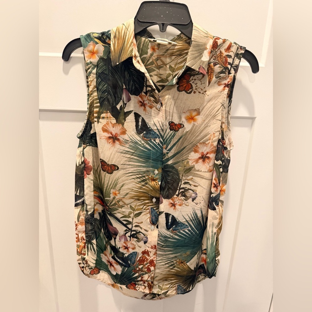 H&M Tropical Butterfly Floral Sleeveless Button Blouse 4